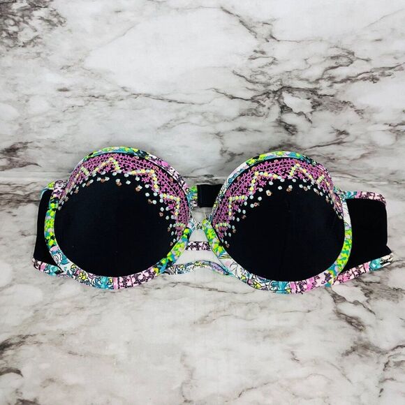 Victoria's Secret | Swim Strapless Top | Black Multicolored Embroidered | 34B - Picture 1 of 7